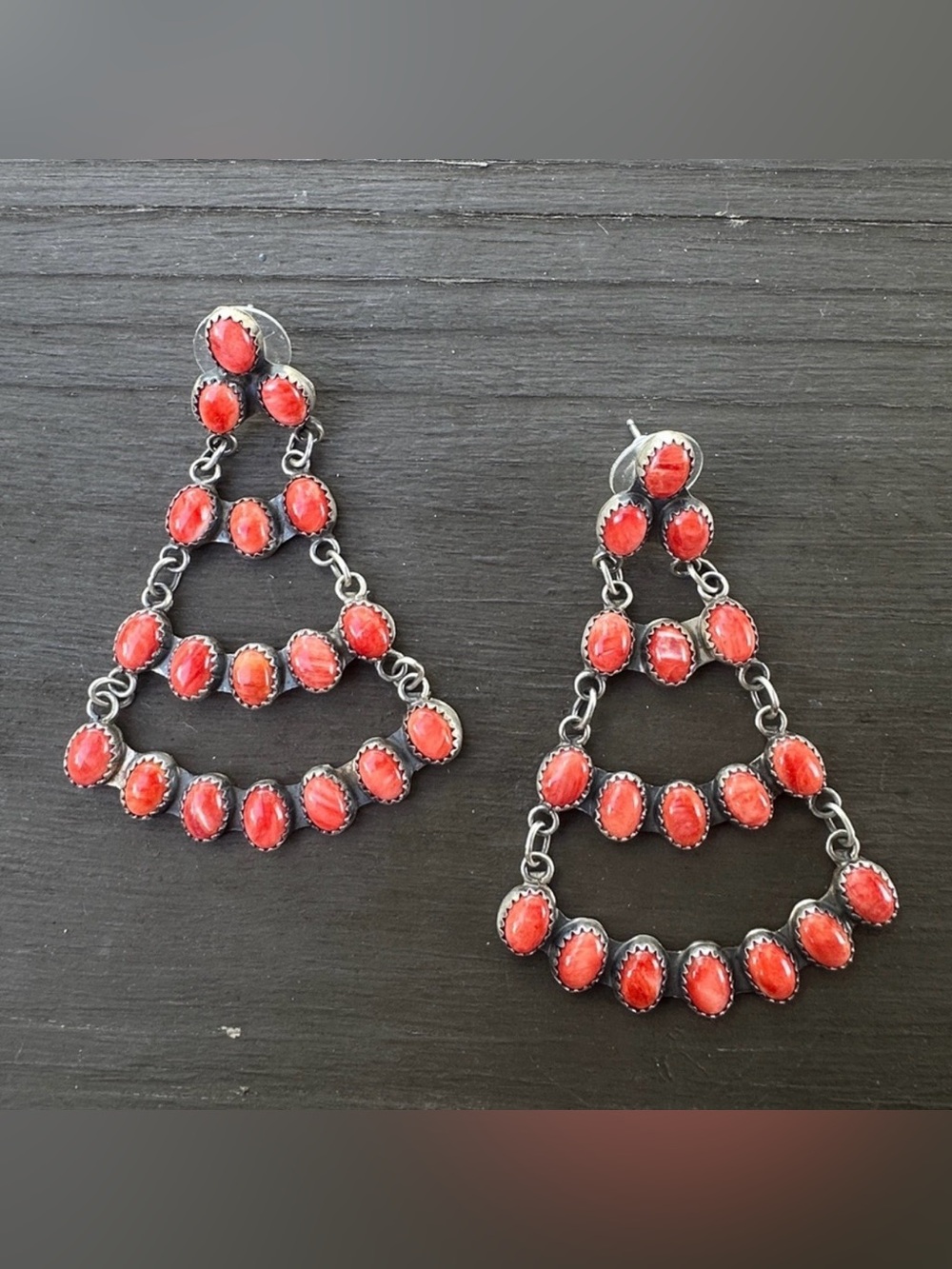 Navajo Jennifer Begay Red Spiny & Sterling Silver Chandelier Earrings